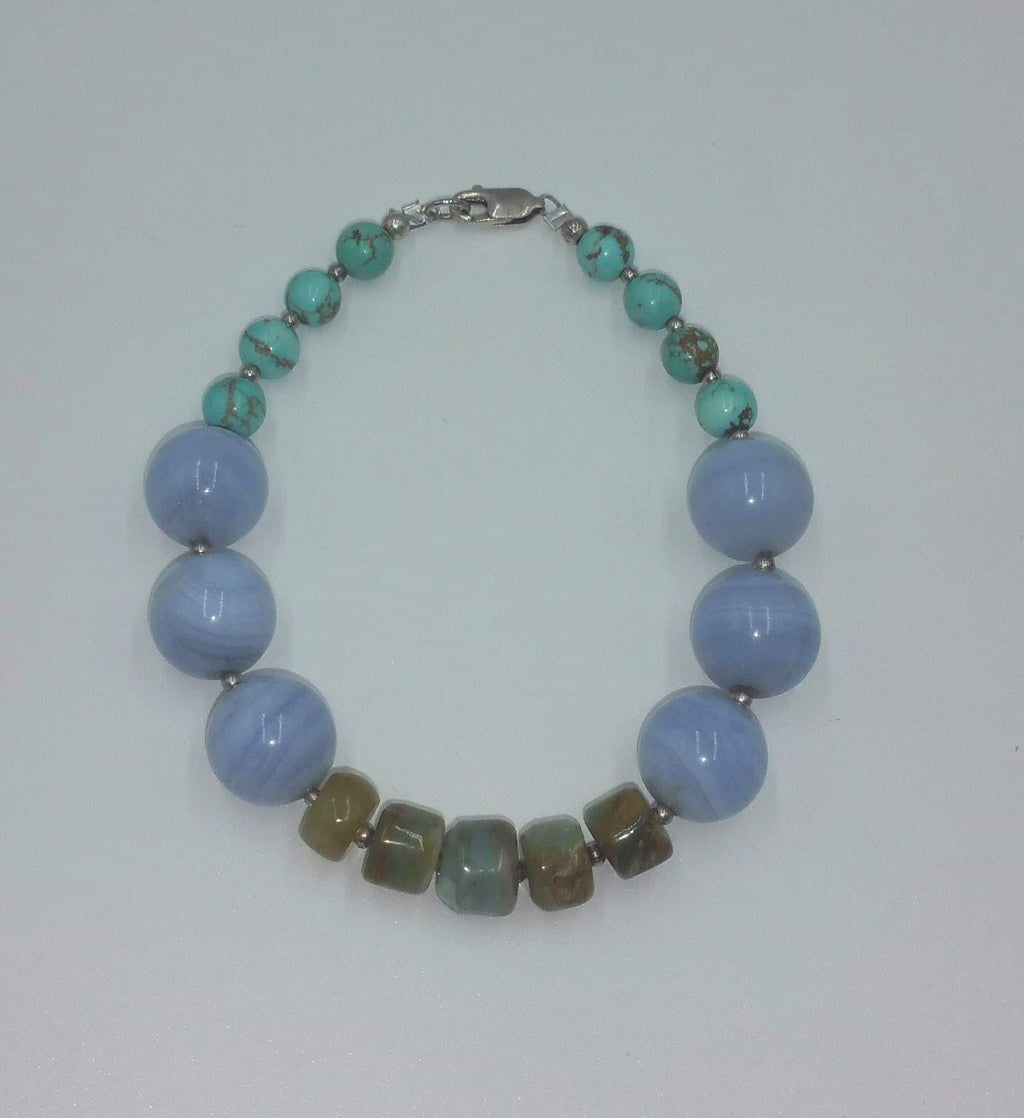 Sterling silver, howlite, lace agate, aqua-terra stone bracelet. 7.5" length. Vegan.