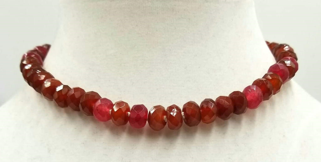 Vintage gold wash silver, ultra-faceted carnelian, necklace on white silk. 15" Choker length.