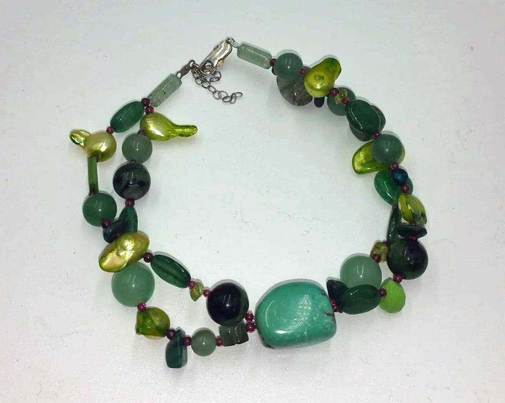Unisex, XL adjustable, 2-strand, sterling silver, multi-stone, pearl, garnet, anklet/bracelet. 9.75" - 11.5".