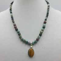 Sterling, Indian agate, tiger's eye, pearl, pendant necklace on chocolate silk.
