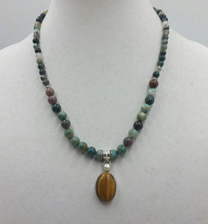Sterling, Indian agate, tiger's eye, pearl, pendant necklace on chocolate silk.