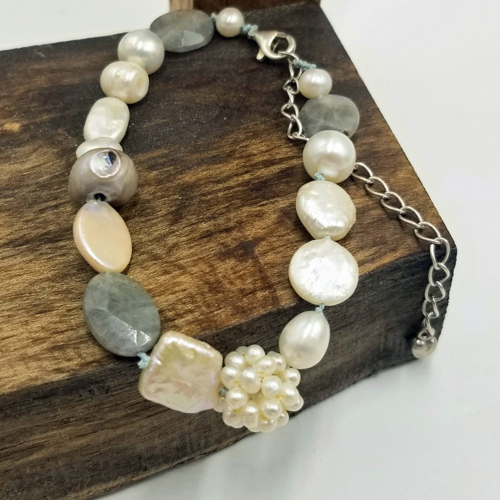 Past Work. Sterling silver, adjustable, (7.5"-10" Length), multi-colored pearl, faceted labradorite, blue silk bracelet. Sold.