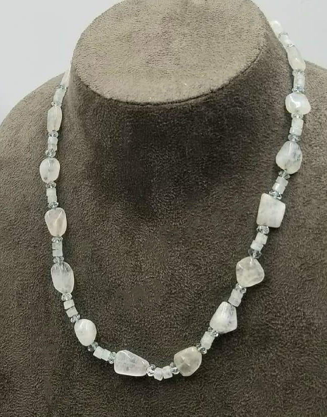 Vintage, 14KYG & 10KYG accents, faceted & nugget moonstone with aquamarine necklace. Hand-knotted with sky blue silk.  18.75" length.