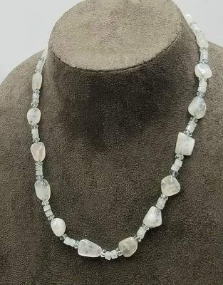 Vintage, 14KYG & 10KYG accents, faceted & nugget moonstone with aquamarine necklace. Hand-knotted with sky blue silk.  18.75