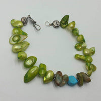 Green shell, 2-toned turquoise, sterling silver, XL bracelet. unisex. 8.5" Length.