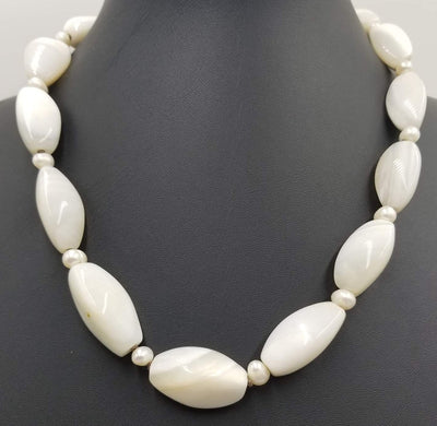 Vintage, white agate, pearl necklace on chocolate silk with sterling gold wash clasp. 19