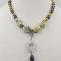 Serpentine, sterling silver, onyx, crystal, necklace. 19" length. Princess length. Vegan.