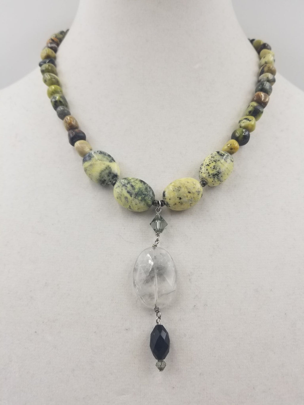 Serpentine, sterling silver, onyx, crystal, necklace. 19" length. Princess length. Vegan.