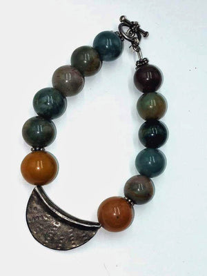 Unisex, bold bracelet. Sterling silver focal with Indian agate,  8.25