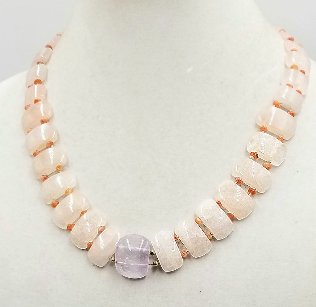 Rose d' France amethyst necklace with amethyst & sunstones. 21" Length. Box not included.