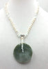 Large Jadeite pendant on pearl necklace, 14K (white & yellow) gold accent, hand-knotted with  blue silk.