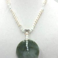 Large Jadeite pendant on pearl necklace, 14K (white & yellow) gold accent, hand-knotted with  blue silk.