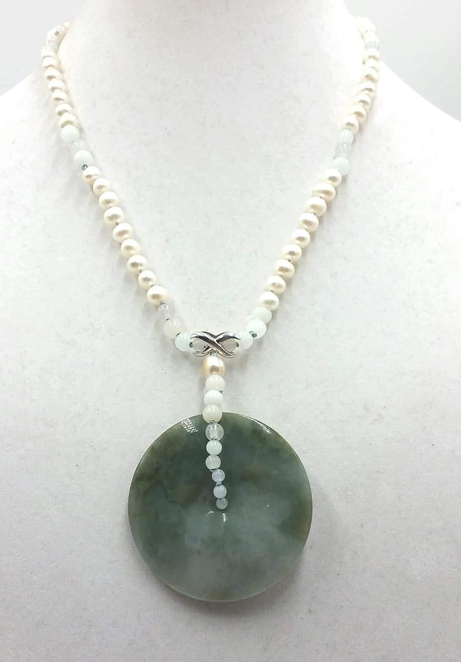 Large Jadeite pendant on pearl necklace, 14K (white & yellow) gold accent, hand-knotted with  blue silk.