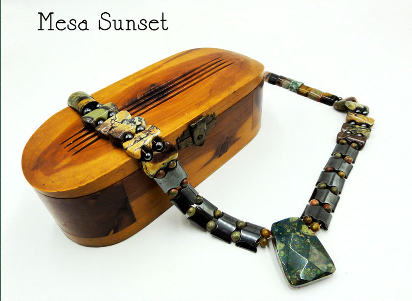 "Mesa Sunset" Inspired by Oregon's high desert. Vegan-wear. Hematite, jasper, agate, unakite, sterling silver, pendant necklace.Vegan.