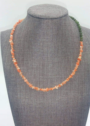 Unique! Coral & nephrite copper necklace.  16" Collar/Choker length.