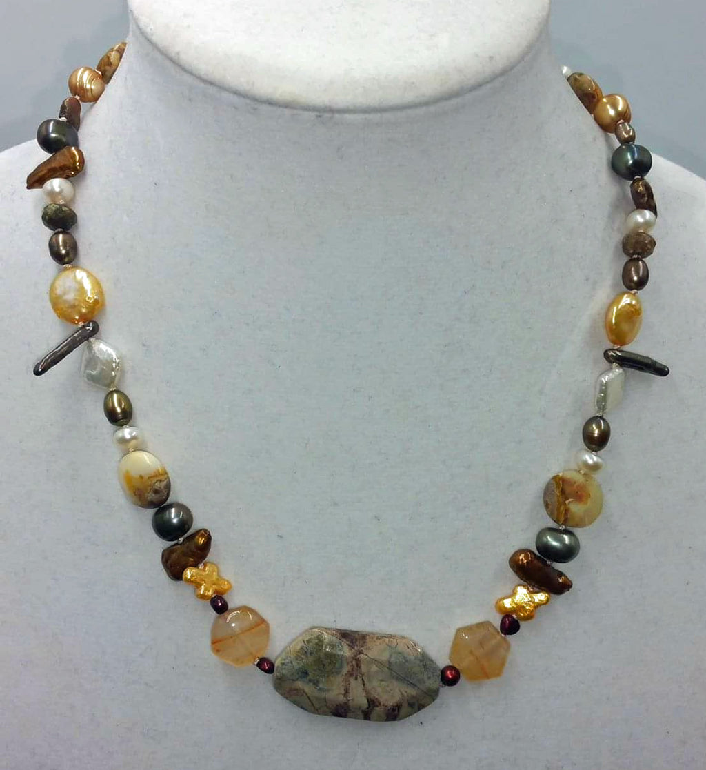 Multi-color pearl, agate, sterling, necklace.ilk.