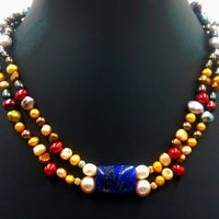 Stunning! Ombre, 2-strand, 14KYG, pearl, lapis, focal necklace on crimson silk.