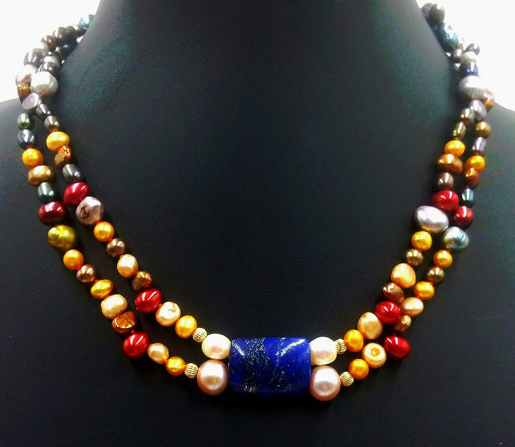 Stunning! Ombre, 2-strand, 14KYG, pearl, lapis, focal necklace on crimson silk.