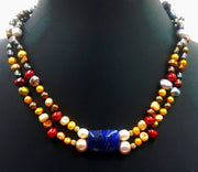 Stunning! Ombre, 2-strand, 14KYG, pearl, lapis, focal necklace on crimson silk.