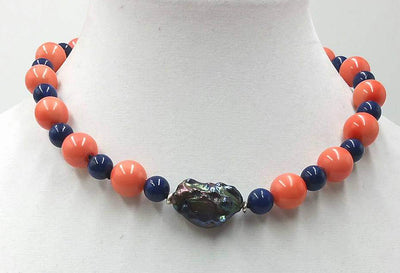 Bold. Tangerine tridacna pearl, lapis lazuli & large black Baroque pearl necklace. 17