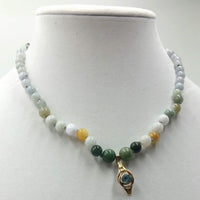 Ombre graduated jadeite necklace with vintage 10KYG, blue topaz pendant & 14KG clasp. 17"