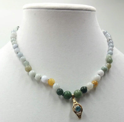 Ombre graduated jadeite necklace with vintage 10KYG, blue topaz pendant & 14KG clasp. 17