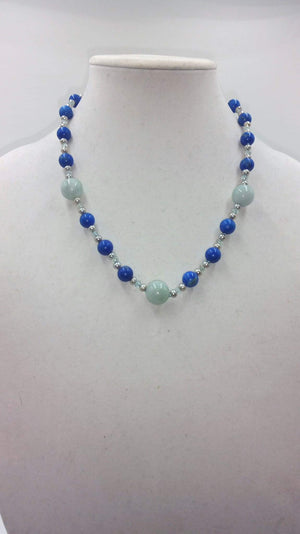 Jadeite, pearl, aquamarine, & sterling silver necklace. 20" Matinee length.