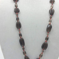 Bold, Unisex, smoky quartz, coral, sterling silver, labradorite, pendant necklace hand-knotted with crimson silk. 36" length.