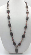 Bold, Unisex, smoky quartz, coral, sterling silver, labradorite, pendant necklace hand-knotted with crimson silk. 36" length.