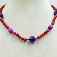 Colorful, Beatutiful & Vibrant, coral, amethyst, quartzite, & sterling silver necklace on scarlet silk.