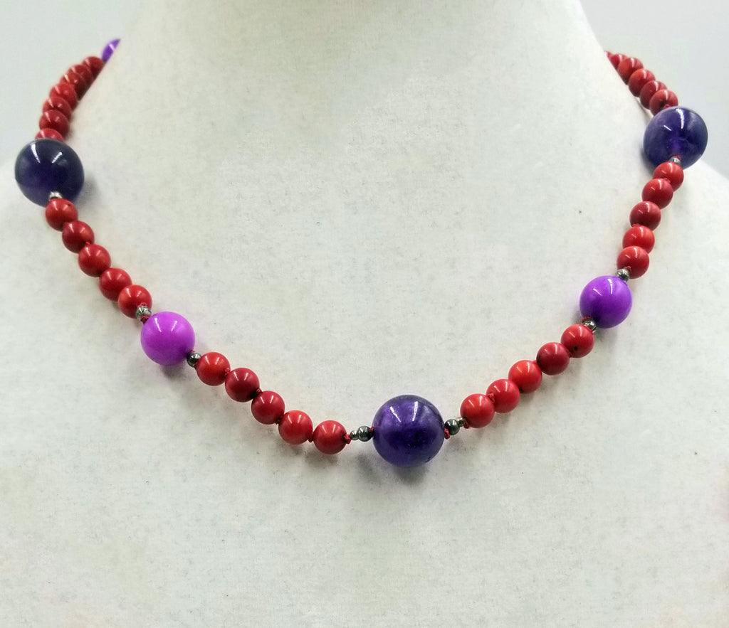 Colorful, Beatutiful & Vibrant, coral, amethyst, quartzite, & sterling silver necklace on scarlet silk.