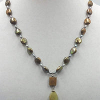 Onyx pendant on 3-tone pearl & sterling silver necklace on grey silk. 19" Princess