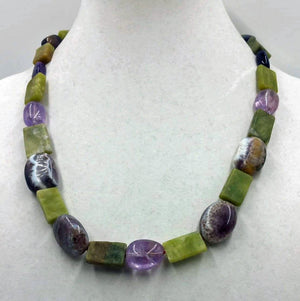 Bold amethyst & nephrite necklace with sterling silver.