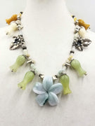 Vegan. Lovely Chinese squash blossom necklace, sterling silver, jadeite, &  aventurine.