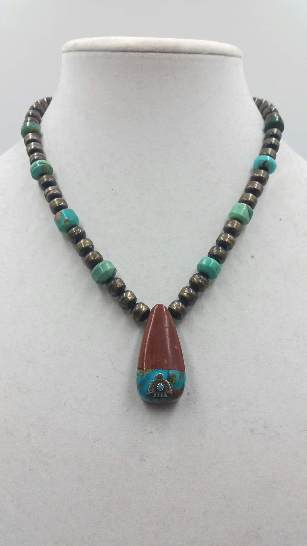 Vegan. Vintage, sterling, turquoise, pipestone pendant necklace.