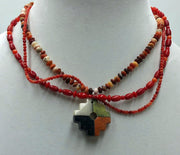 Sterling silver adjustable coral & agate 3-strand, 4 corners pendant necklace. Princess 15.5 in