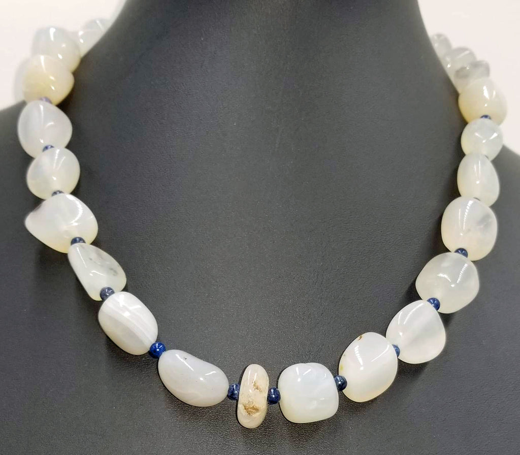 Vegan-wear. Adjustable, sterling silver, lace agate, chalcedony & lapis lazuli necklace.