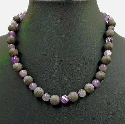 Adjustable amethyst & Druzy, sterling necklace on purple silk. 18