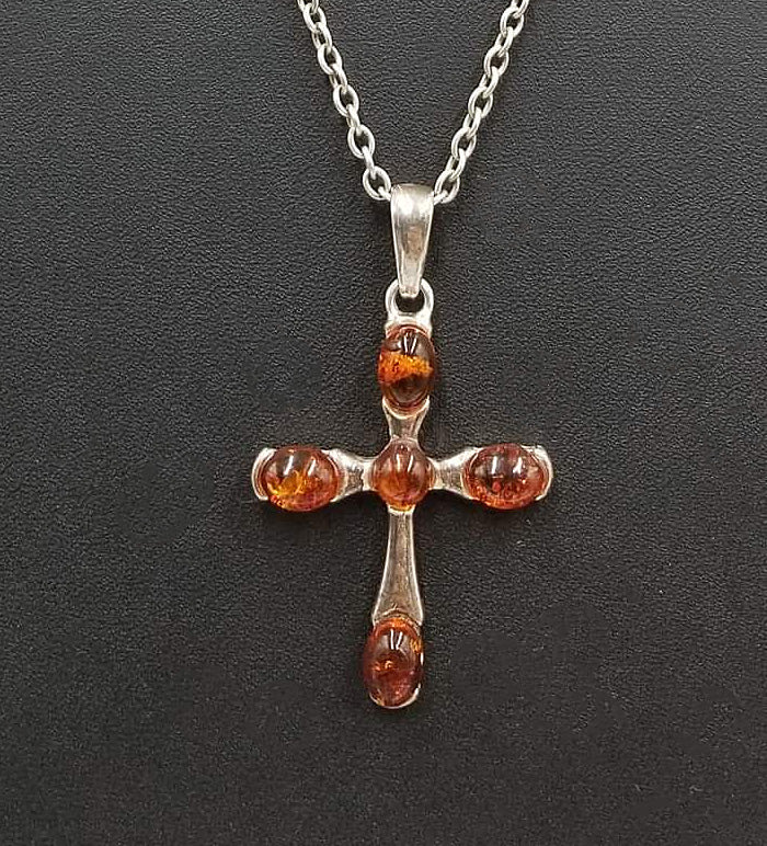 SOLD, Bold Baltic amber & sterling silver cross pendant on long chain.