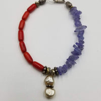 Red coral, iolite, & white pearl sterling silver bracelet. 6.5" Length..