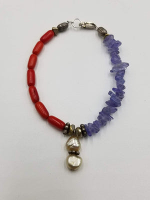Red coral, tanzanite, & white pearl sterling silver bracelet. 6.5