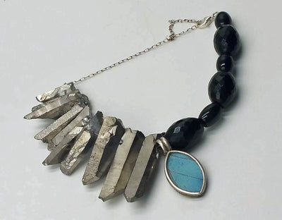 SOLD' Adjustable onyx, quartz, sterling bracelet with butterfly wing pendant. 7.25-9