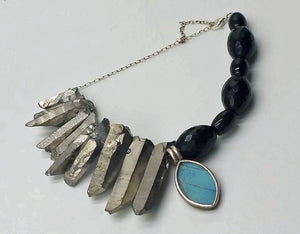SOLD' Adjustable onyx, quartz, sterling bracelet with butterfly wing pendant. 7.25-9"