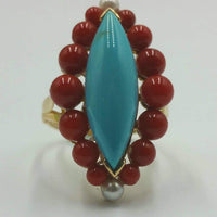 14KYG, graduated coral, pearl, turquoise ring with matching howlite bracelet
