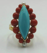 14KYG, graduated coral, pearl, turquoise ring with matching howlite bracelet