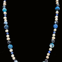 Pearls, blue agate, lapis lazuli, silk, antique sterling silver necklace.