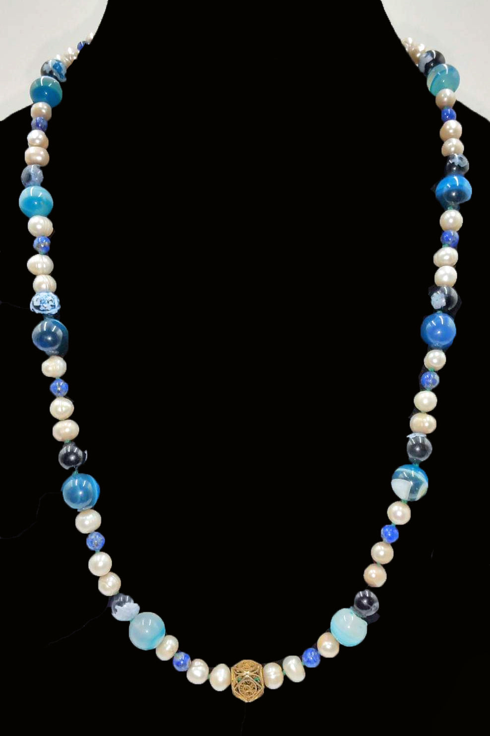 Pearls, blue agate, lapis lazuli, silk, antique sterling silver necklace.