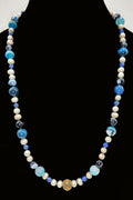 Pearls, blue agate, lapis lazuli, silk, antique sterling silver necklace.