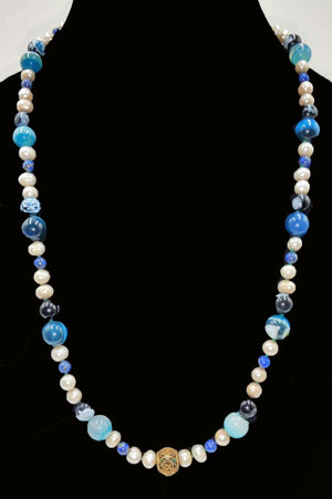 Pearls, blue agate, lapis lazuli, silk, antique sterling silver necklace.