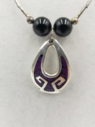 Liquid Sterling silver, onyx & enamel Thunderbird pendant necklace. Opera length, 28". Vegan.